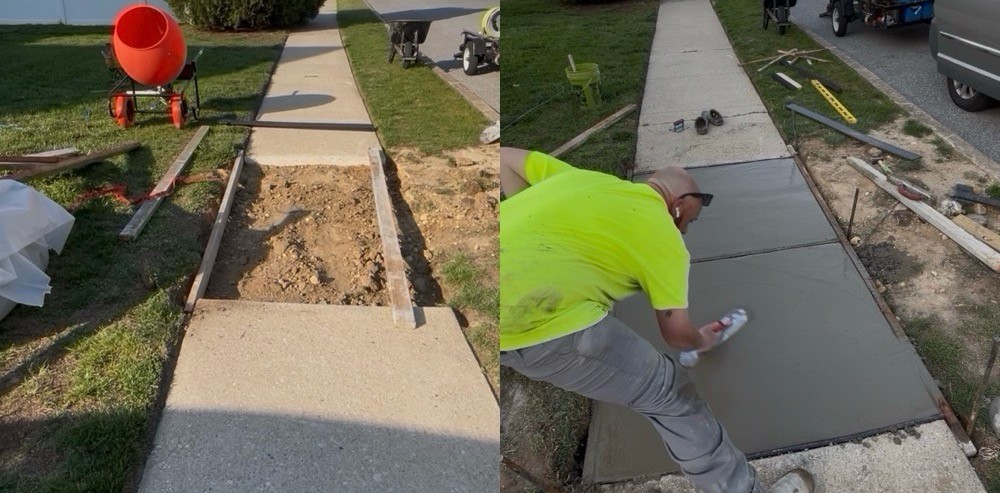 Concrete sidewalk pour, forms set and fresh concrete being finished