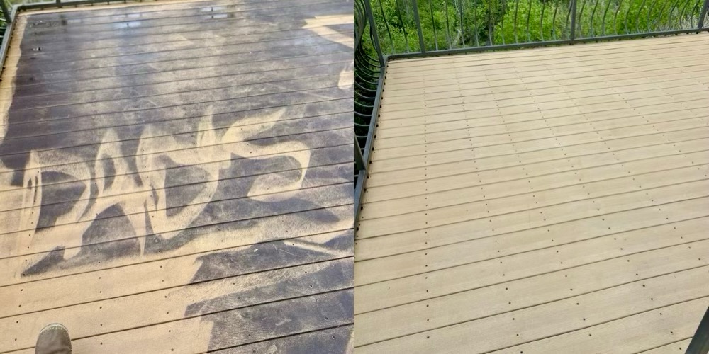 Composite deck before and after a thorough cleaning