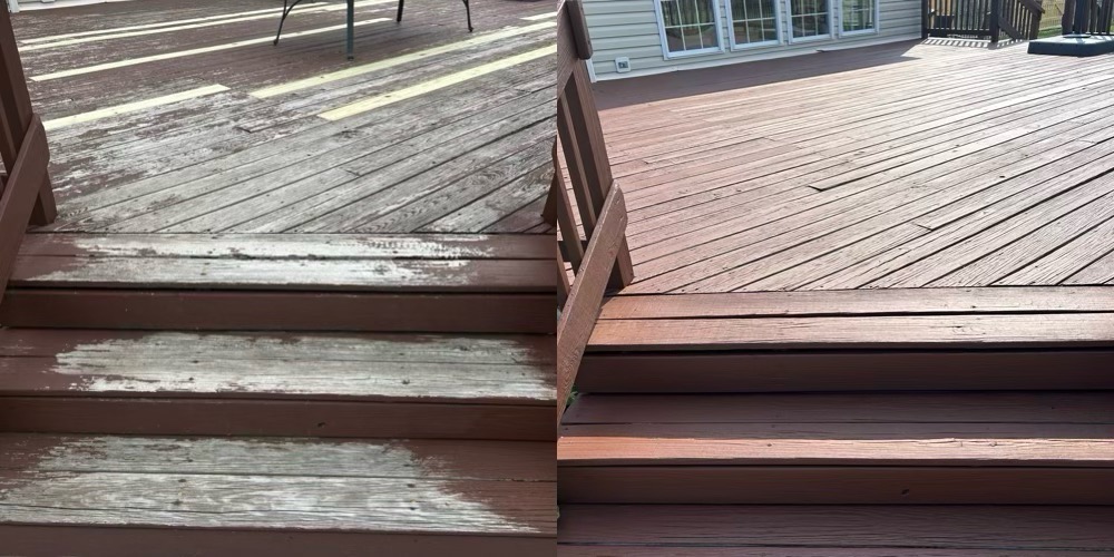Deck steps before and after restoration and stain