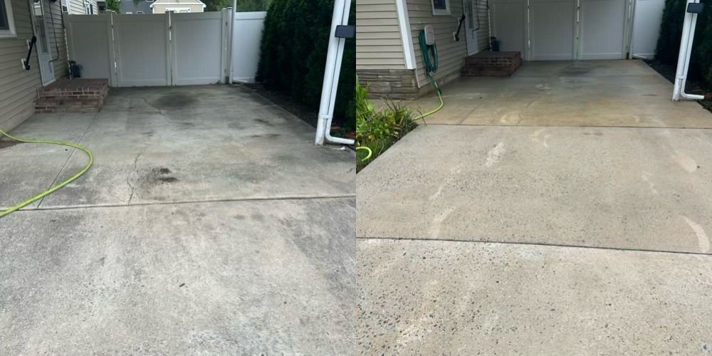 Concrete driveway before and after pressure washing