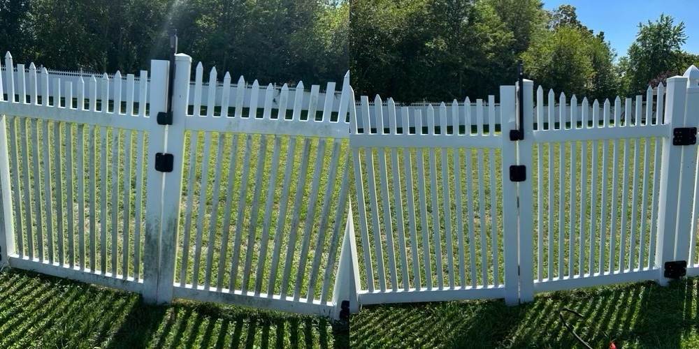 White vinyl picket fence before and after a thorough cleaning