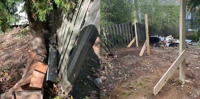 Wood fence damaged by a fallen tree, before and after rebuild with new posts