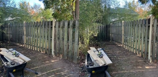 Wood picket fence before and after repair with replacement pickets