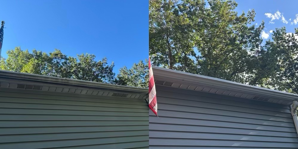 Aluminum gutters before and after brightening to remove black streaks