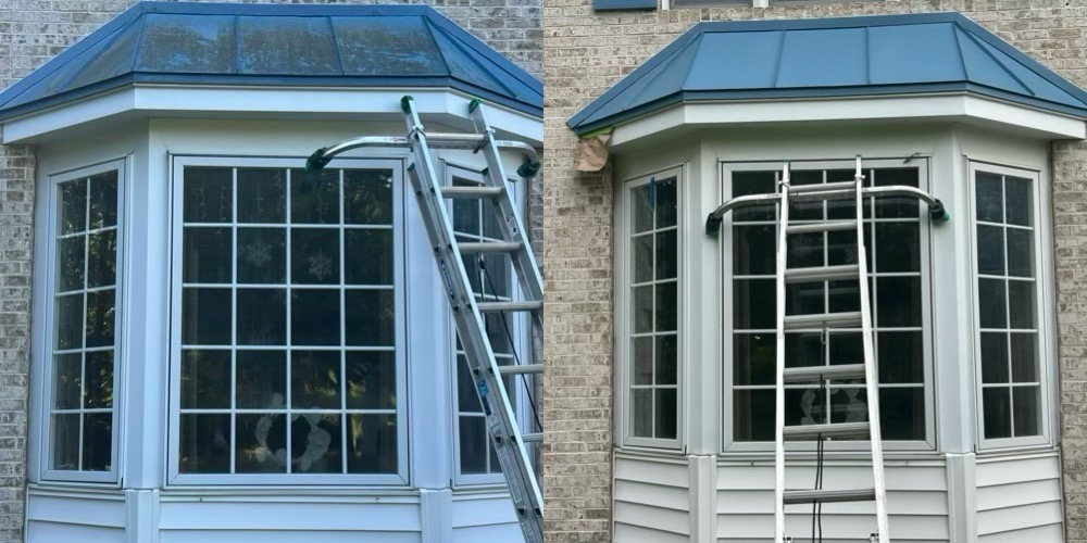Bay window with metal roof before and after a soft wash