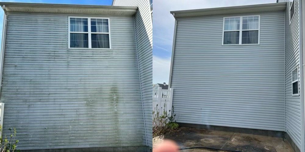 Two-story siding before and after soft wash