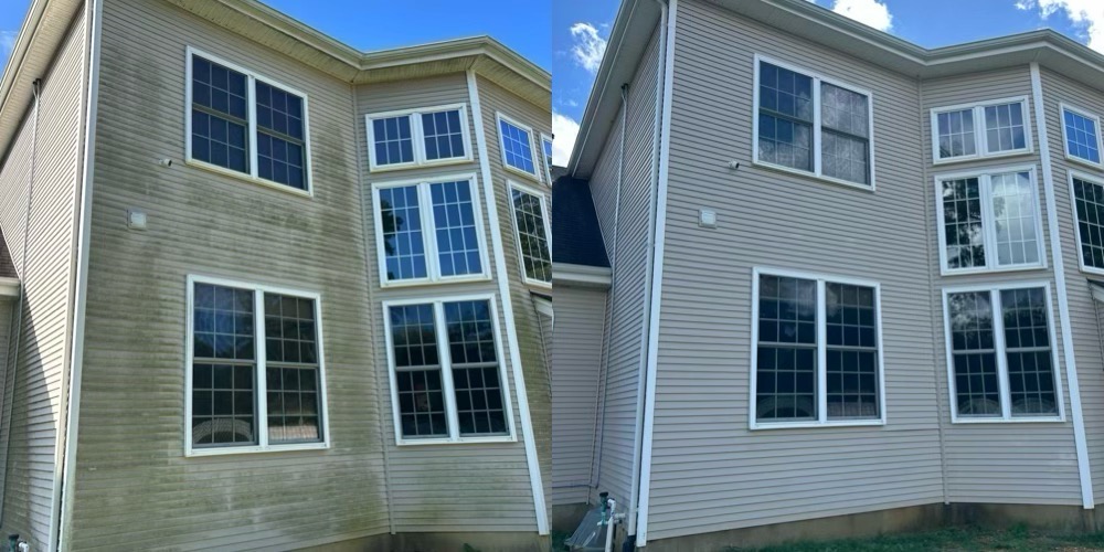 Two-story home before and after soft wash