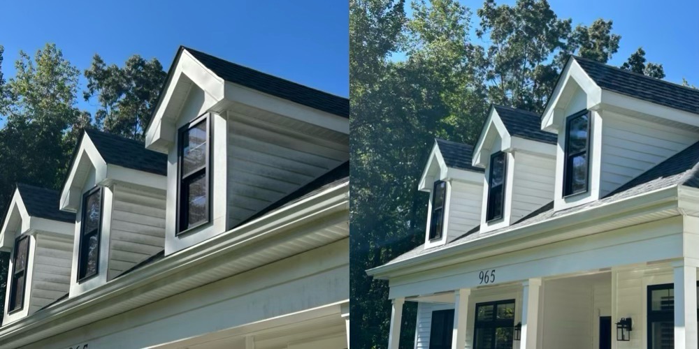 White siding home with dormers before and after a soft wash