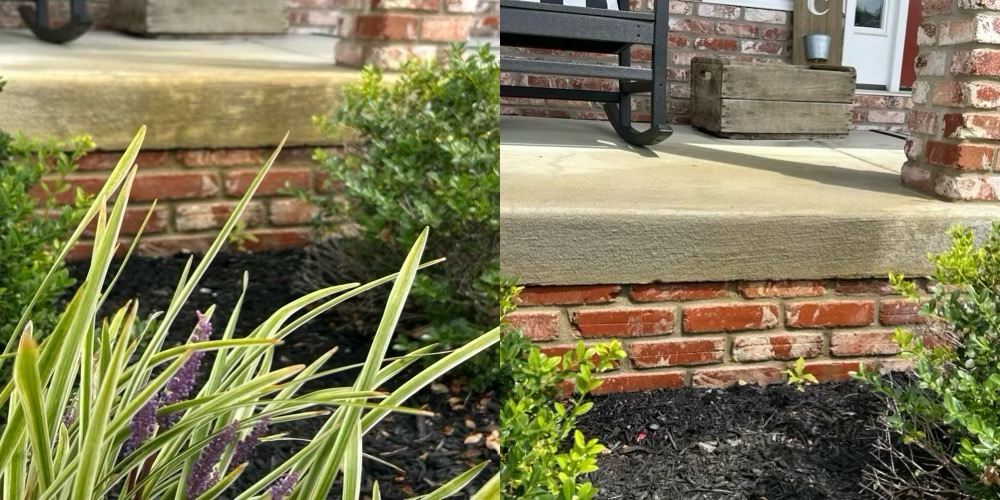 Brick front step before and after a thorough cleaning