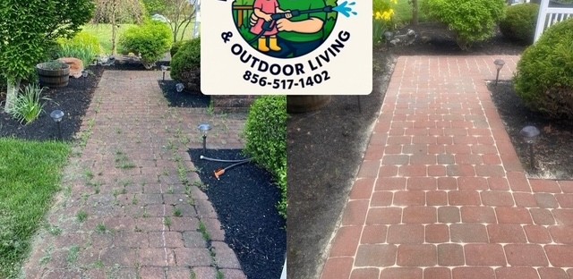 Brick paver walkway before and after cleaning, sand, and sealing