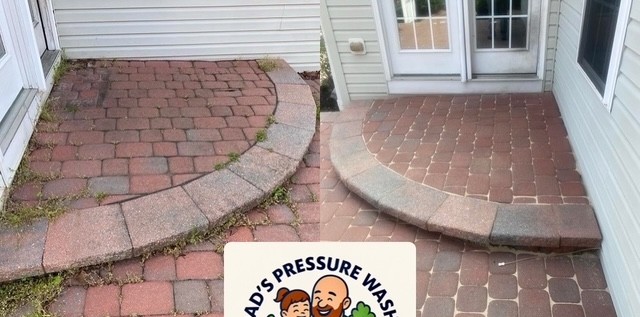 Curved paver landing and patio before and after cleaning and sealing