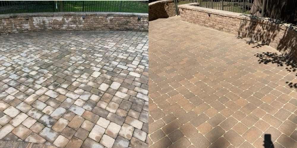 Paver patio before and after cleaning and sealing