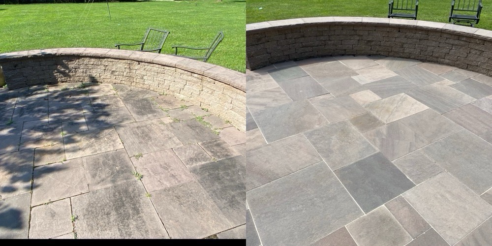 Bluestone patio before and after cleaning