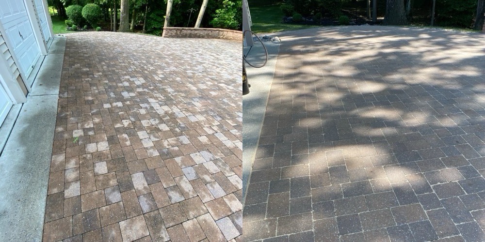 Paver driveway before and after cleaning and sealing
