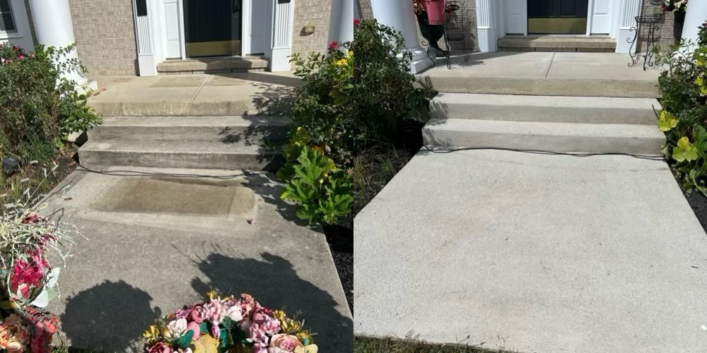 Concrete front steps and walkway before and after pressure washing