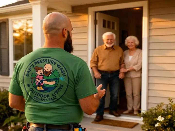 Aaron from Dad's Pressure Wash greeting an elderly couple at their South Jersey home